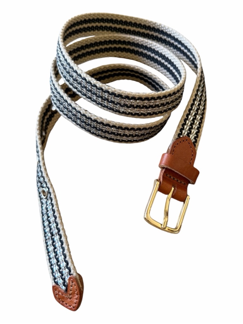 J. Crew Fctry Striped Woven Belt Tan Black Silver Metallic Gold Buckle SZ SMALL